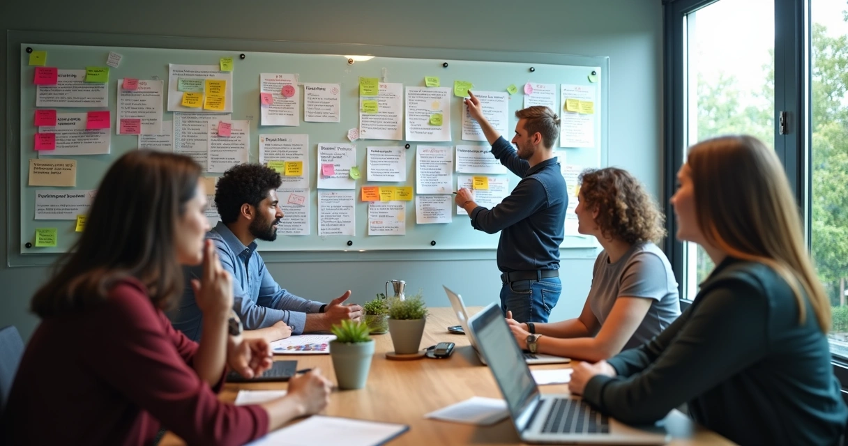 Equipe analisando respostas de clientes na parede