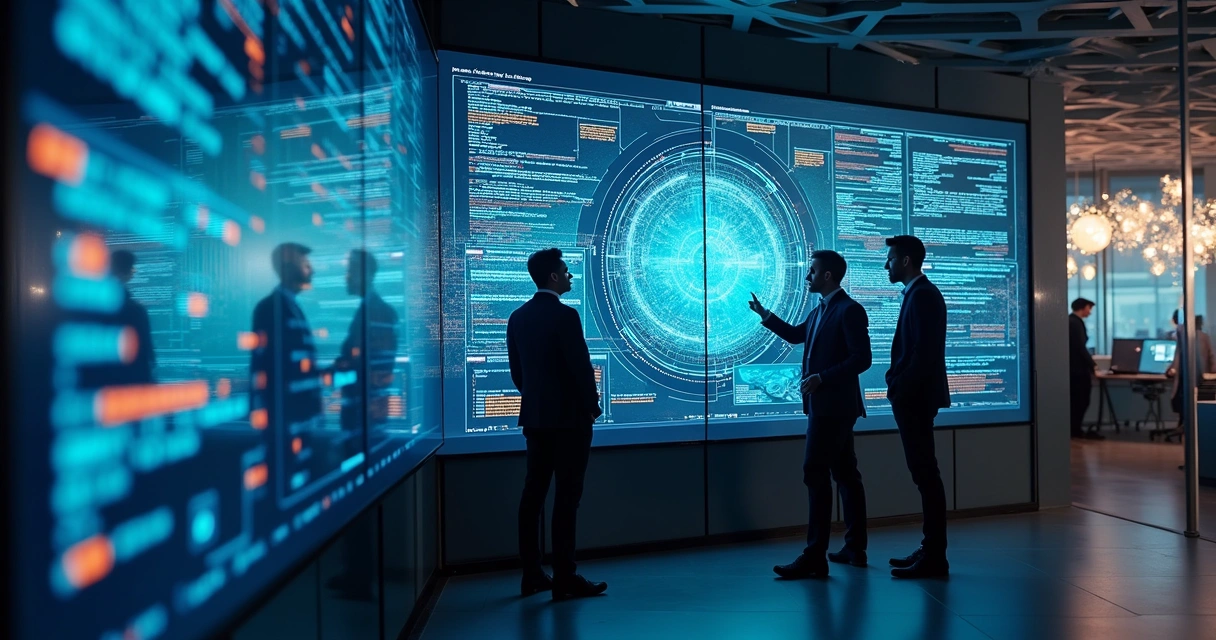 Equipe analisando fluxos personalizados de IA em monitores modernos 