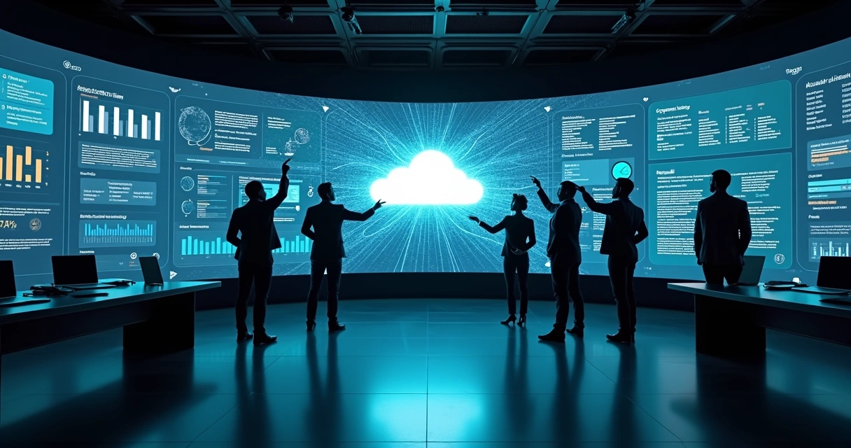 Equipe executiva analisando mapa digital de dados em tela curva de plataforma SaaS 