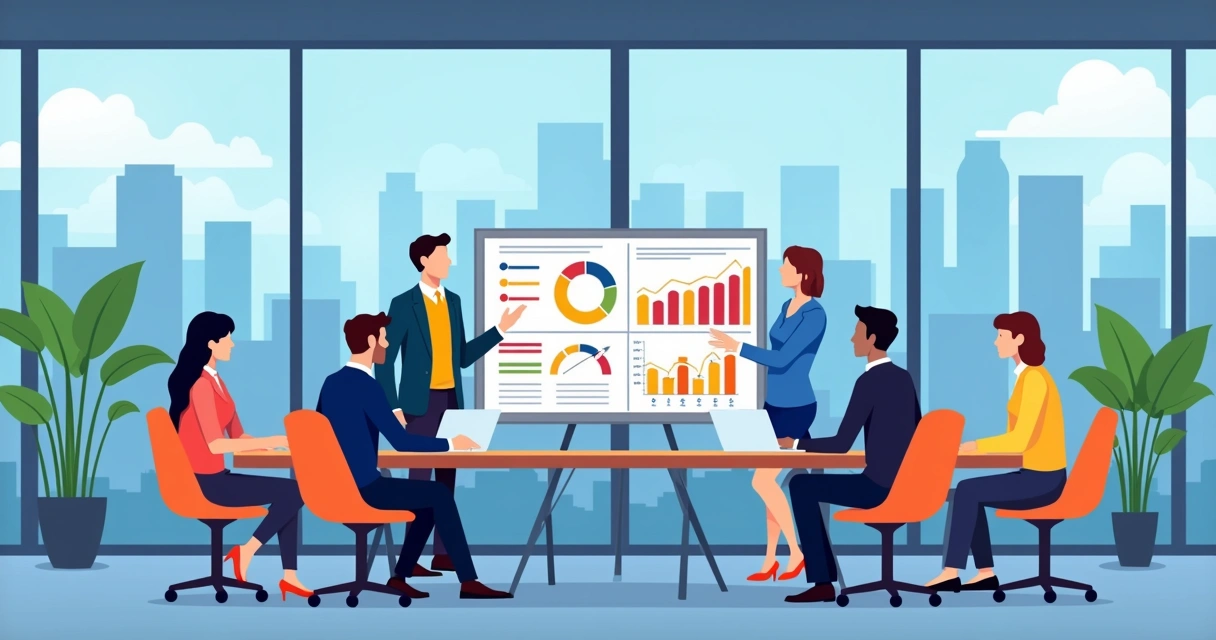 Equipe analisa métricas em quadros digitais durante reunião de canais 