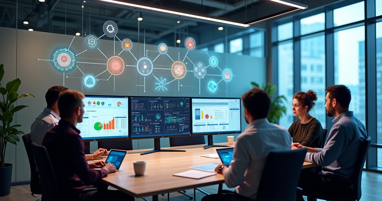Equipe observa telas com dashboards e fluxos automatizados 