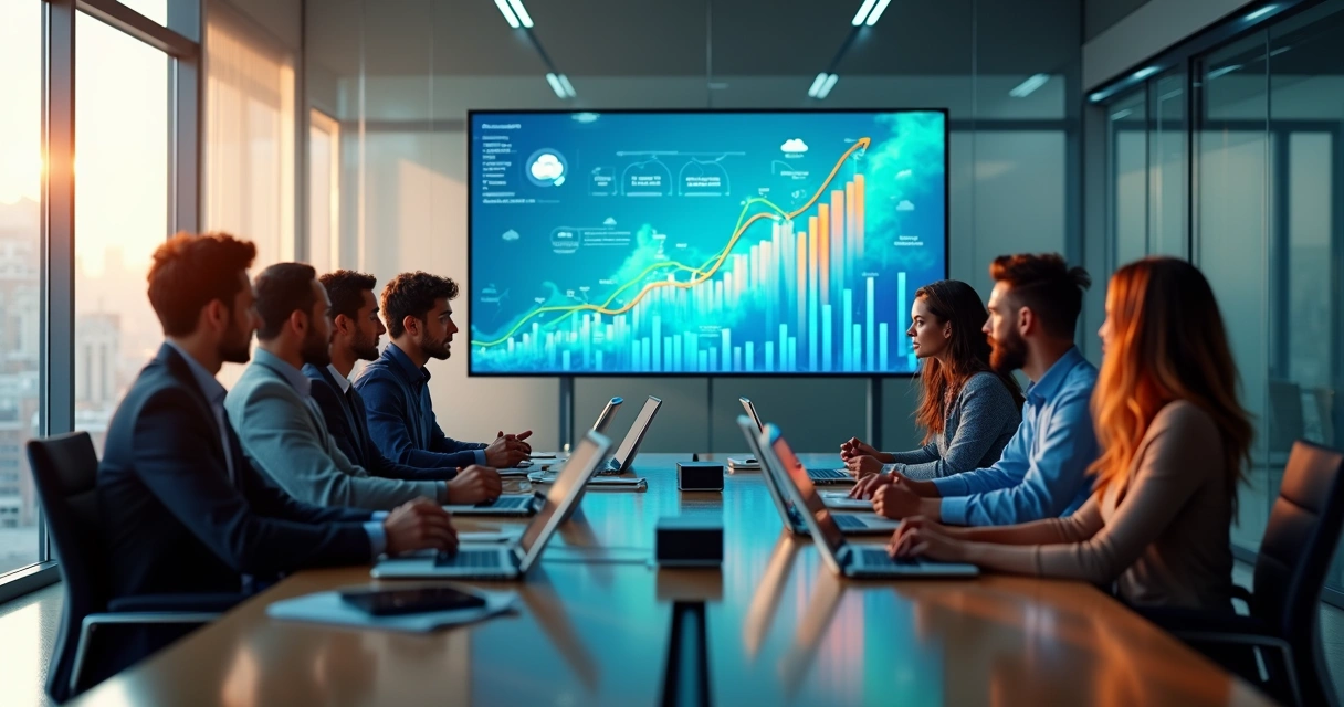Equipe de negócios analisando painel de software em nuvem em sala moderna 