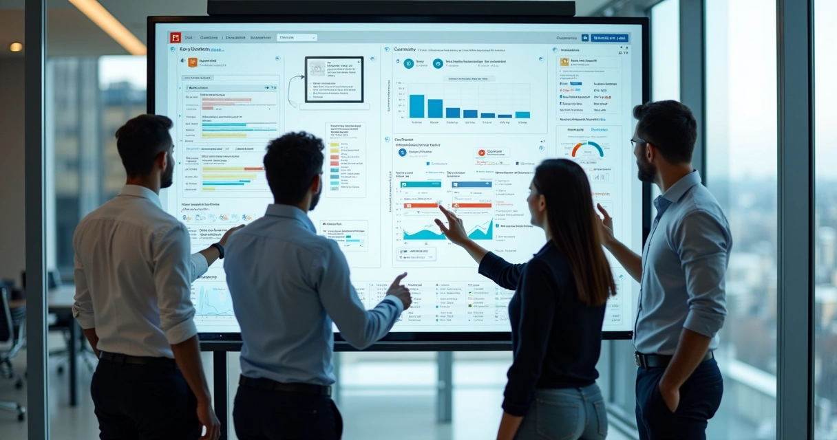 Equipe de vendas analisa tendências de propostas B2B em quadros digitais 