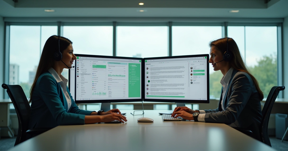 Equipe analisando mensagens de voz em painel digital 