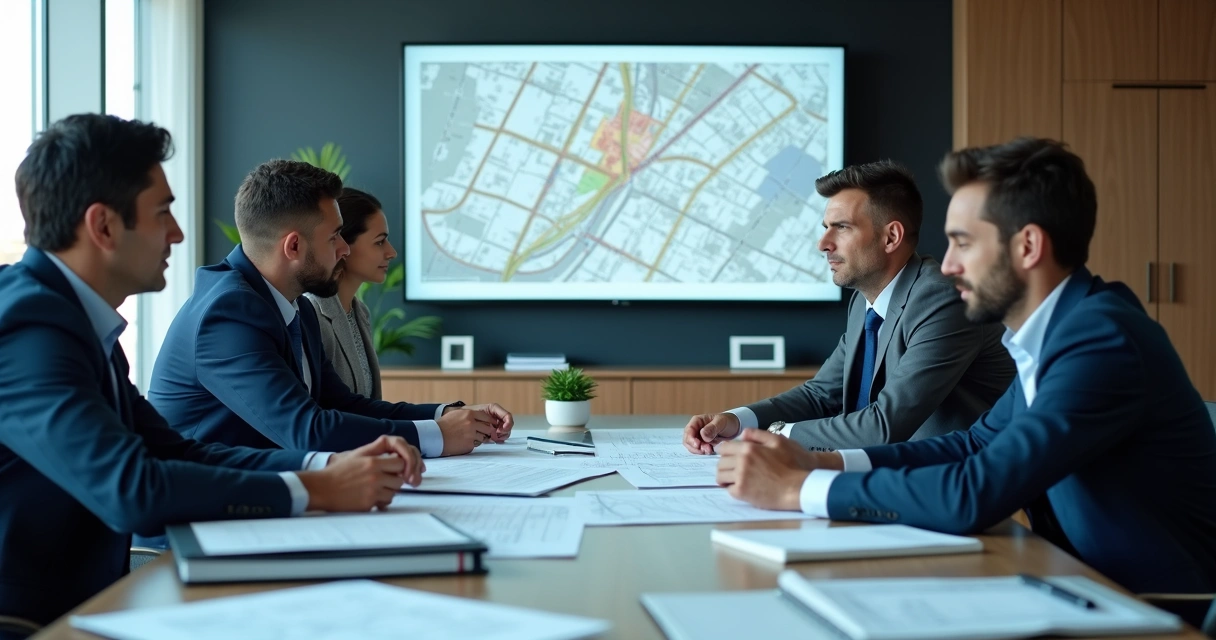 Equipe corporativa analisando mapas e documentos de imóveis
