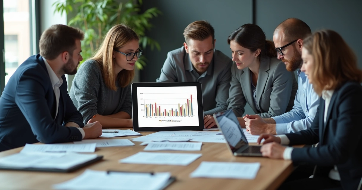 Equipe de negócios analisando distribuição de participações em startup na tela 