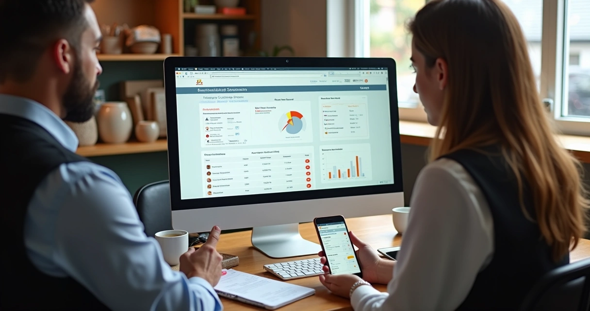 Equipe de restaurante analisando dados de clientes no computador 