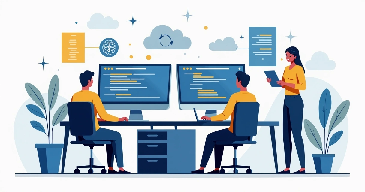 Equipe discutindo código em frente a computadores 