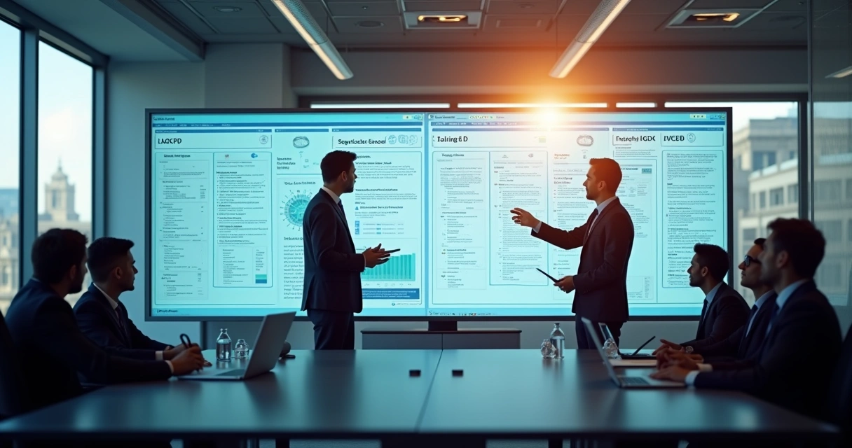 Equipe avaliando conformidade de dados em sala com tela de LGPD 