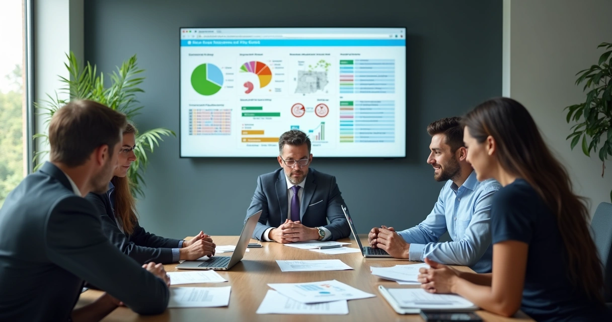Equipe analisando documentos de compliance em sala de reunião