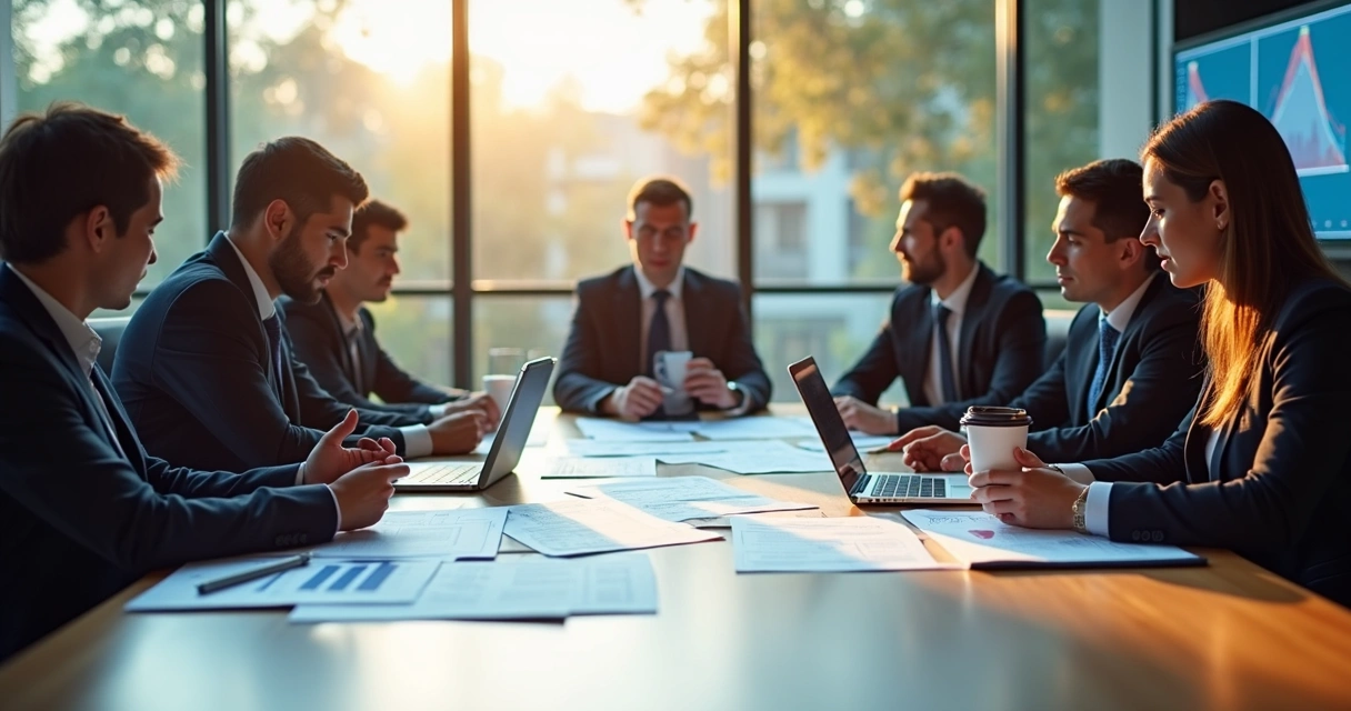 Equipe reunida em sala analisando relatórios de crédito