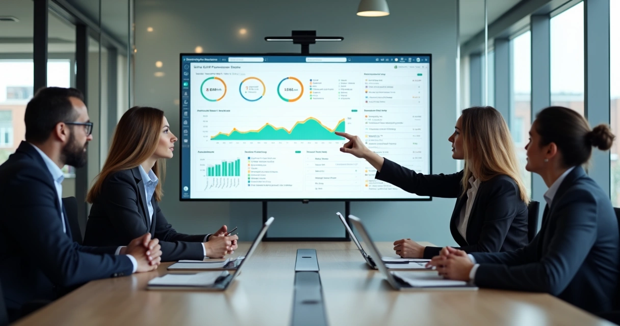 Team analyzing CRM dashboard in a B2B office