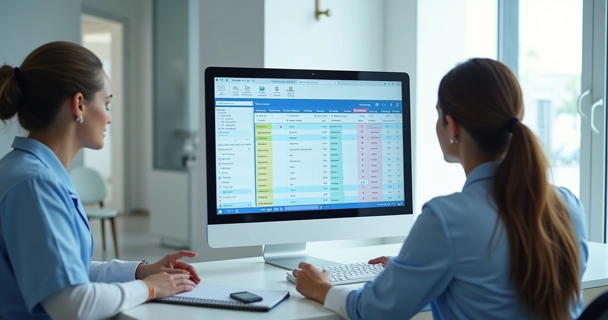 Equipe de clínica analisando contatos no CRM em uma tela 