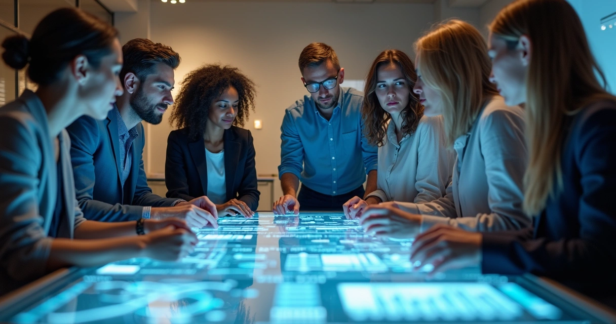 Equipe observando gráficos digitais em uma sala de reuniões 