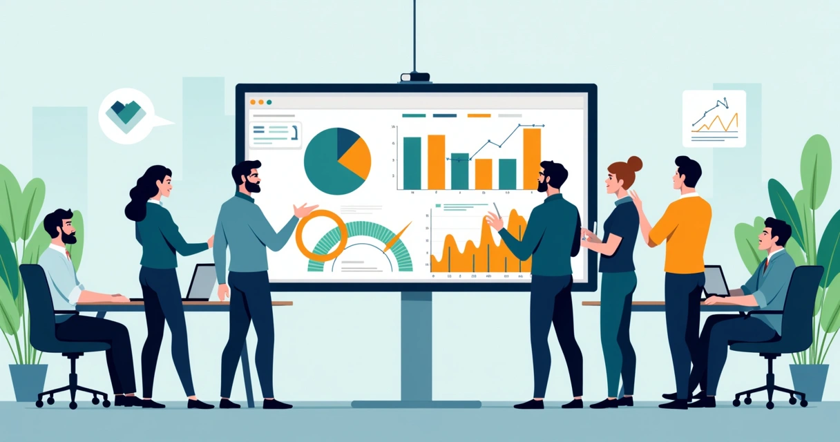 Equipe corporativa analisando gráficos e dados em telas digitais coloridas 