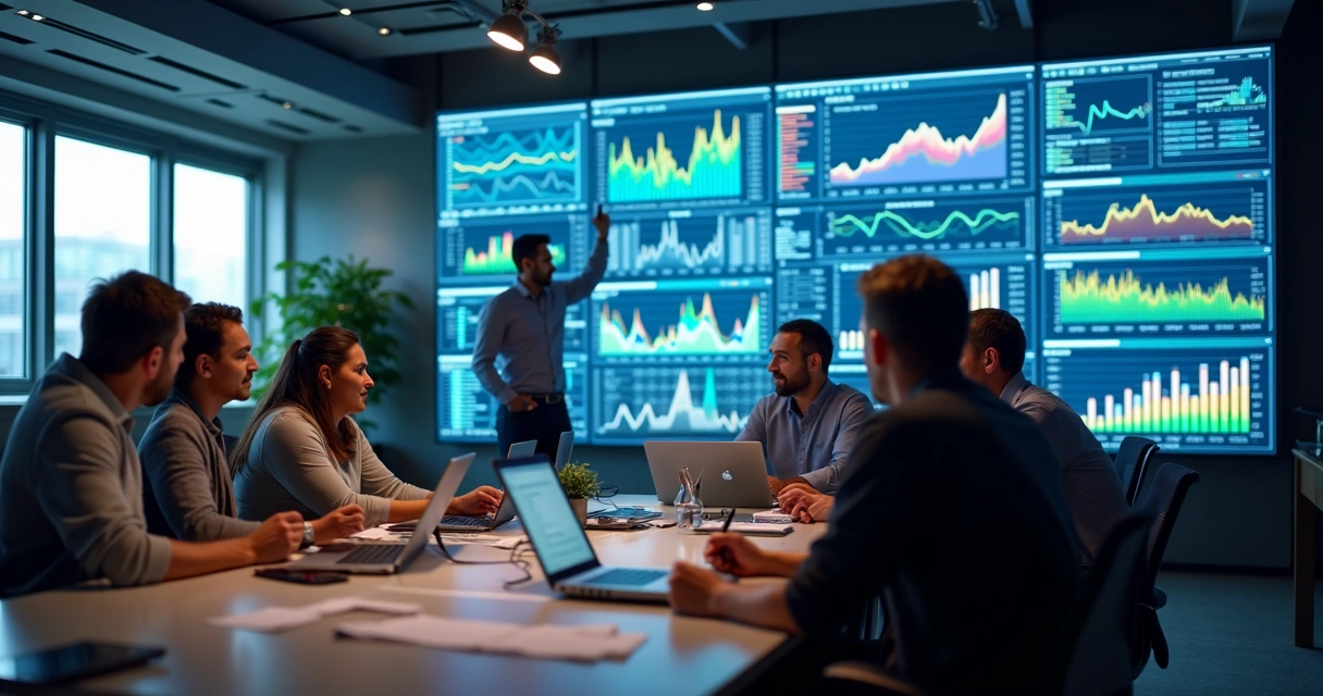 Equipe de trabalho analisando gráficos e dados em telas grandes 