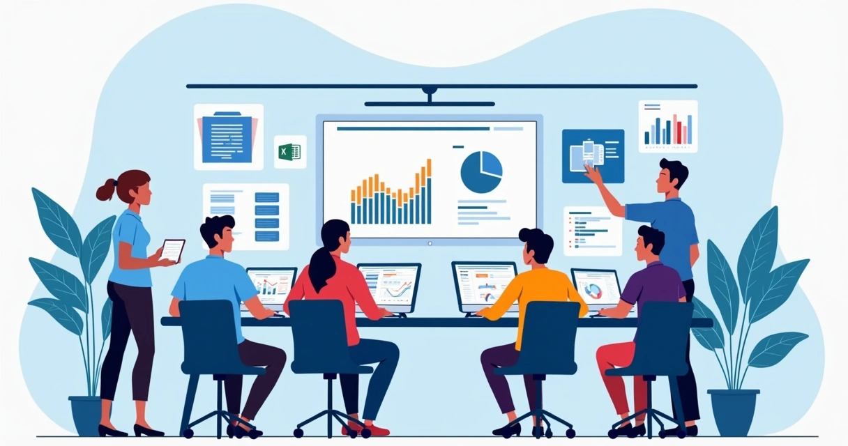 Equipe corporativa analisando gráficos de dados em uma sala de reunião 