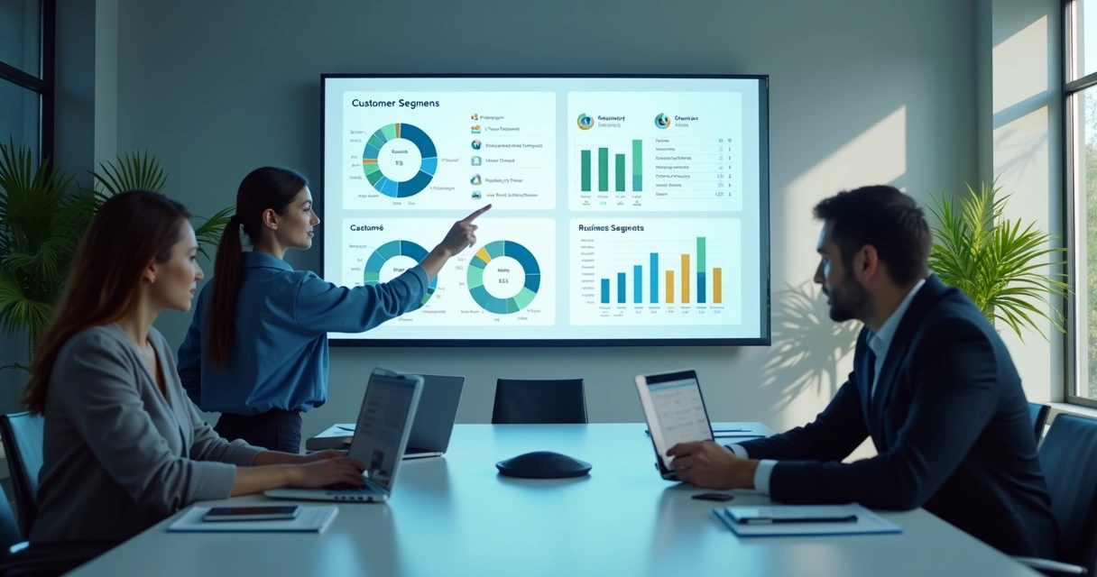 Equipe analisando segmentos de clientes em reunião com gráficos 