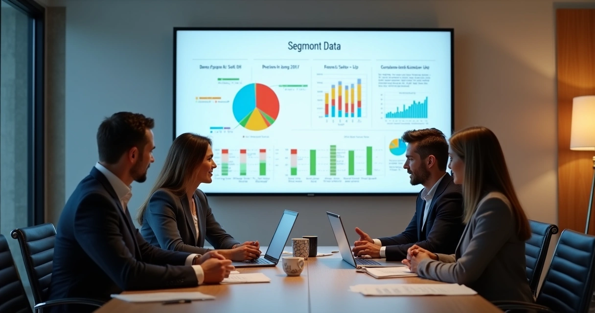 Equipe de negócios discutindo gráficos de microsegmentos em tela 