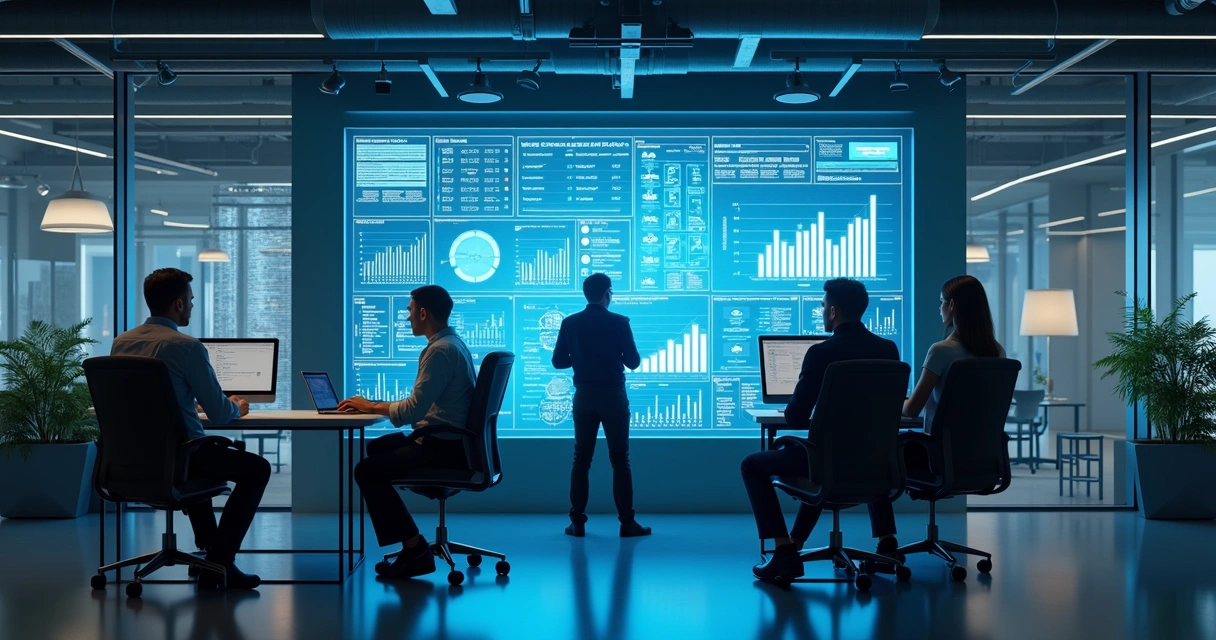 Grupo de pessoas olhando painéis de dados com gráficos digitais 