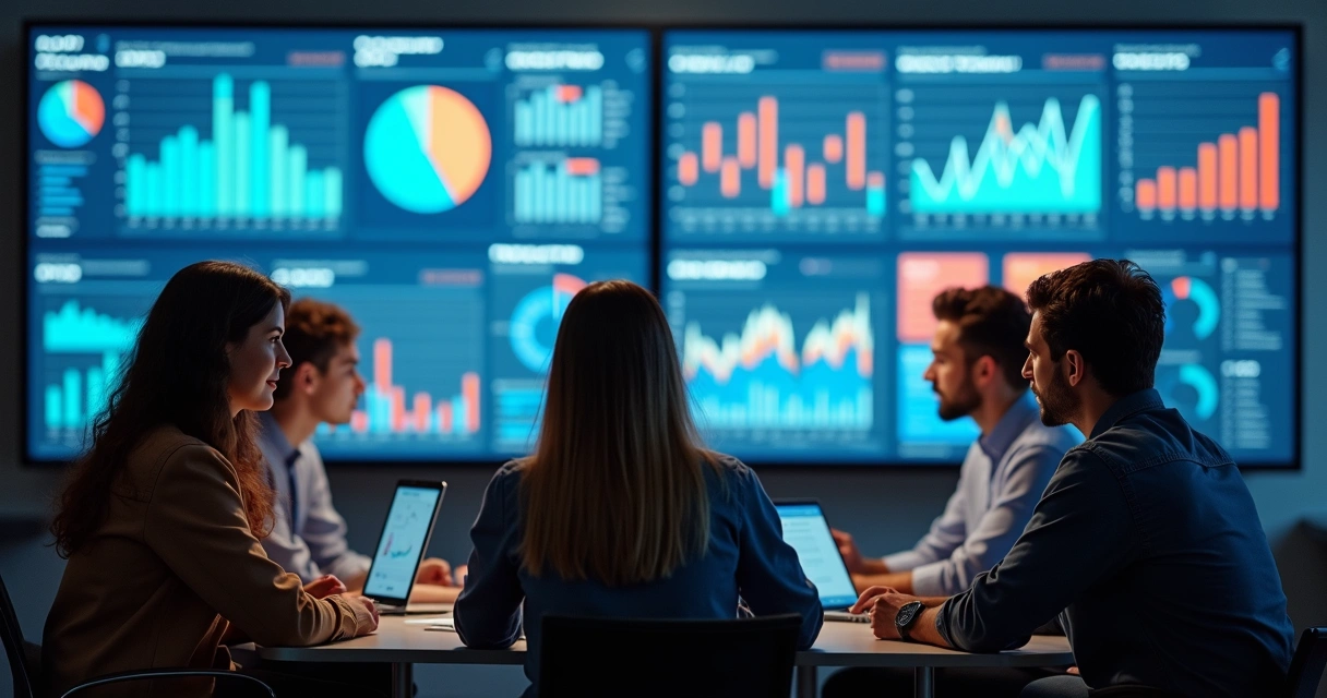 Equipe analisando dados de vendas e perfil do consumidor em telas 