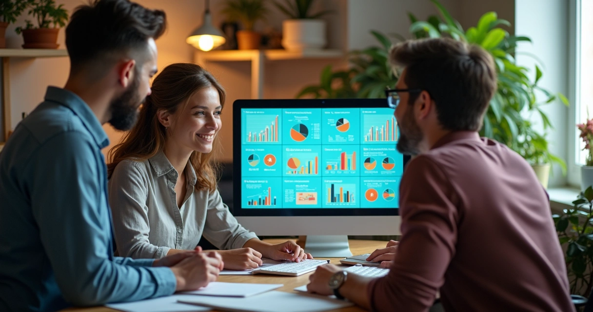 Equipe analisando painel de BI em escritório pequeno 