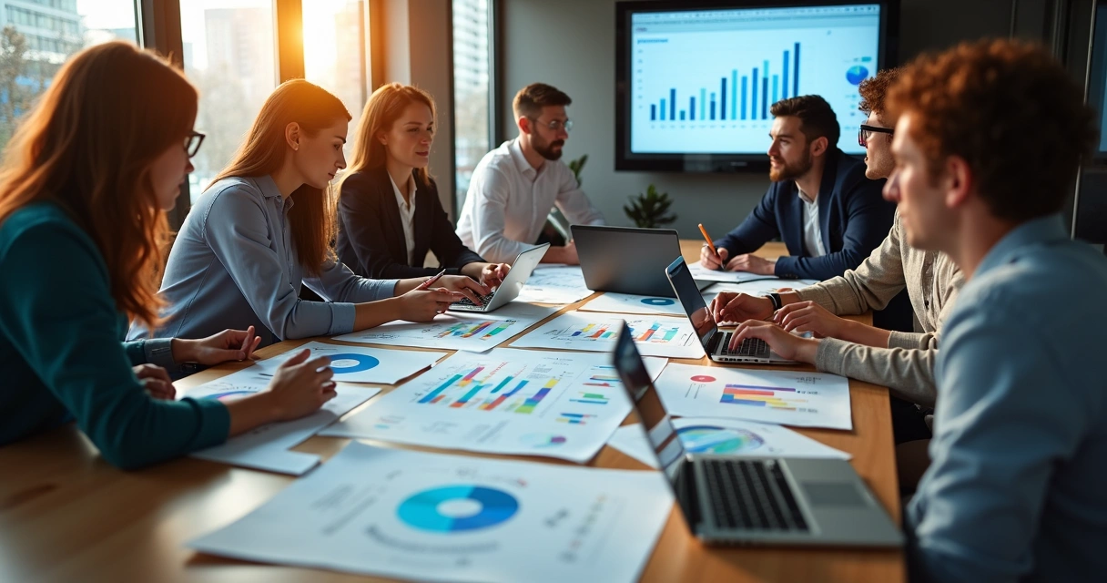 Equipe reunida analisando gráficos de dados de marketing 