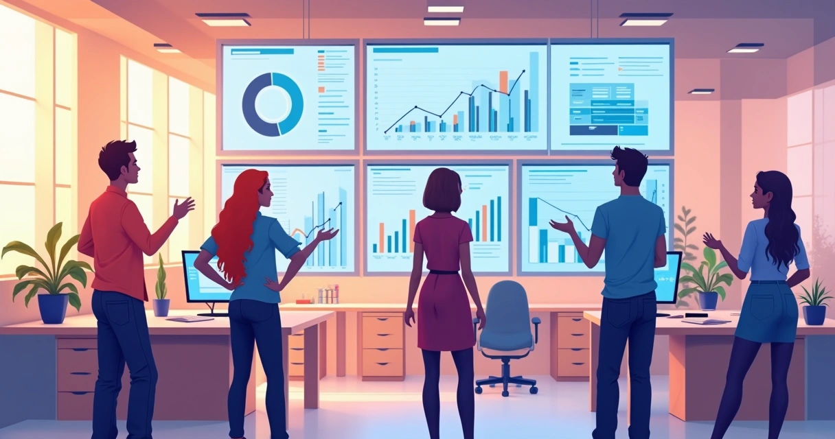 Equipe de agência reunida visualizando insights de campanha em telas de dados 
