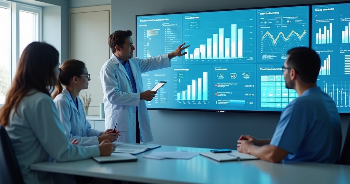 Equipe de clínica analisando dados em painel interativo 