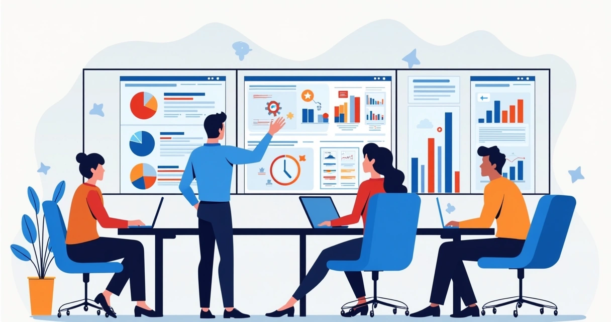 Equipe em sala de reunião analisando dados em vários monitores 