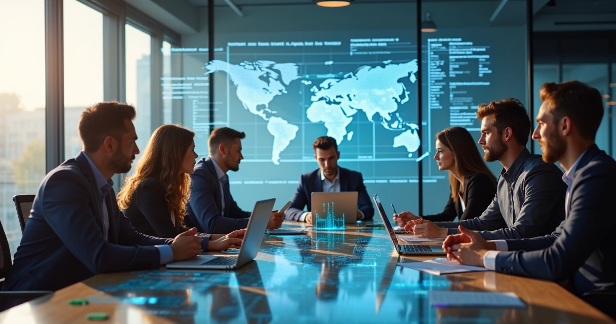 Equipe reunida analisando dados em relatórios digitais 