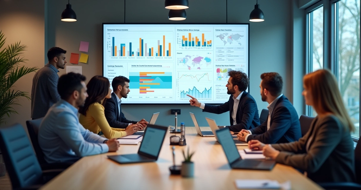 Equipe revisando registros de dados em computadores 