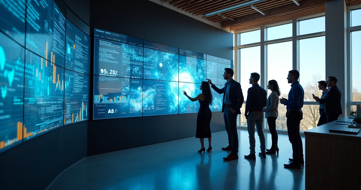 Equipe analisando diferentes fluxos de dados digitais em telas 