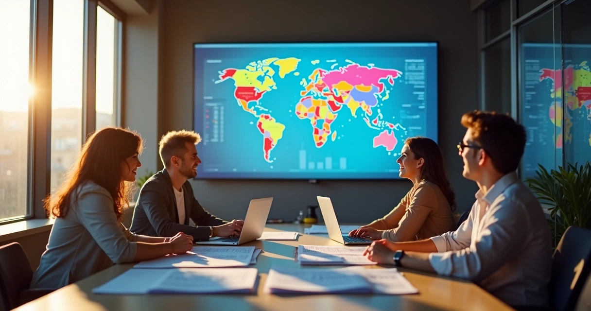 Equipe de trabalho reunida analisando gráficos e dados digitais 