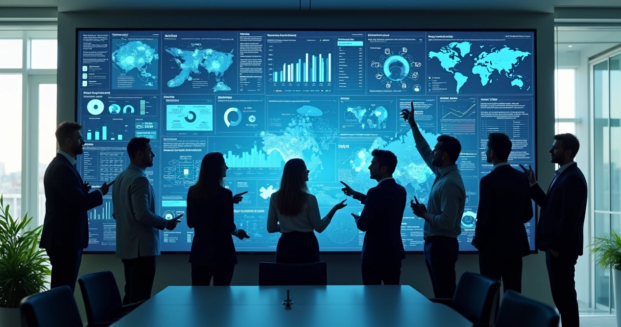 Equipe reunida em frente a painéis digitais analisando dados integrados 