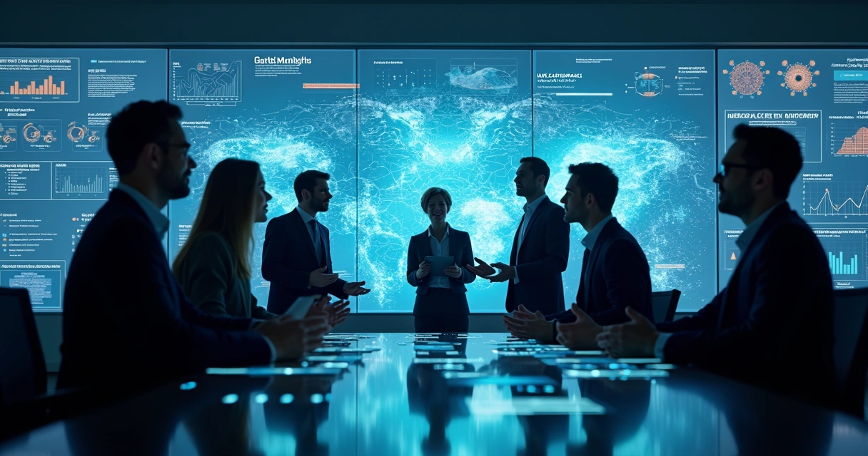 Profissionais reunidos analisando painéis digitais de dados e gráficos de inteligência artificial ao fundo.