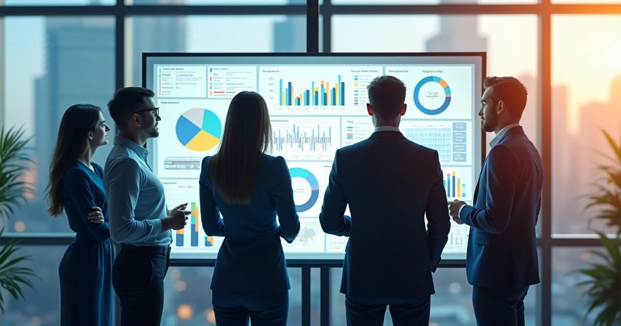 Equipe de trabalho reunida analisando dados em painel digital