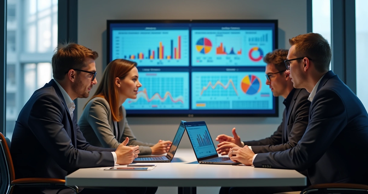 Equipe de empresa PME analisando gráficos de dados e soluções de IA