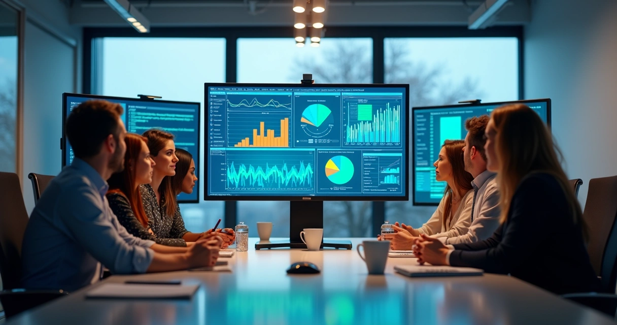 Equipe de profissionais reunida em sala moderna analisando gráficos no computador com interface Power BI na tela 