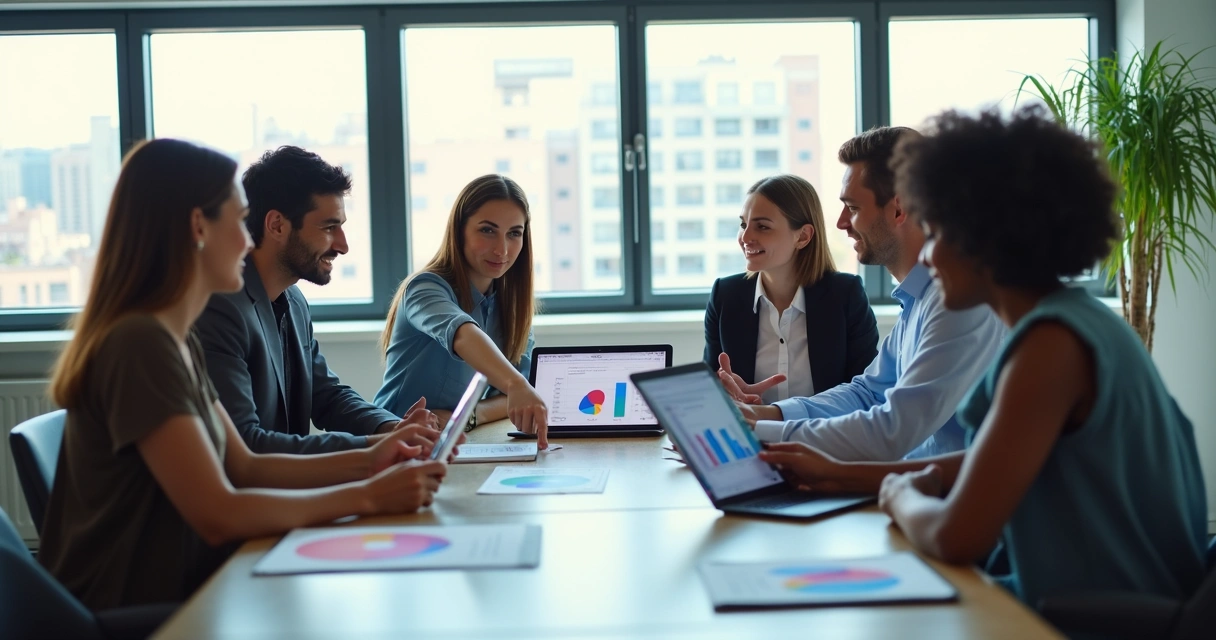 Equipe de trabalho analisando dados em gráficos coloridos em escritório moderno