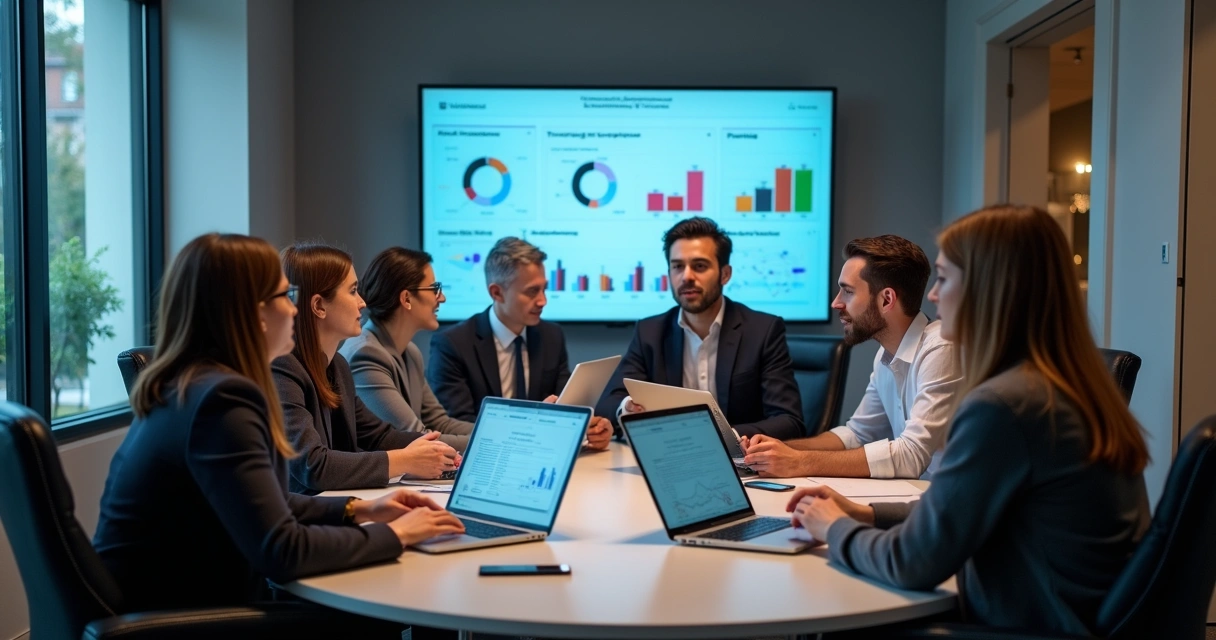 Equipe de RH analisando dados de treinamento em mesa redonda
