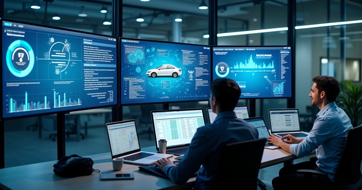 Equipe técnica analisando dados de veículo em telas 