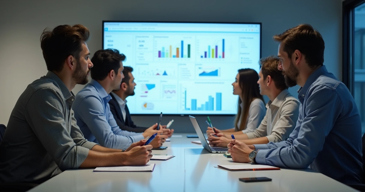 Equipe comercial analisando painel de dados de vendas em uma tela grande