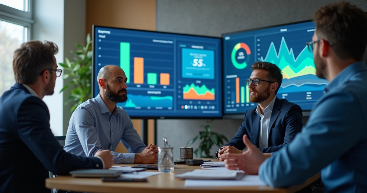 Equipe reunida analisando dados de vendas em telas de computador