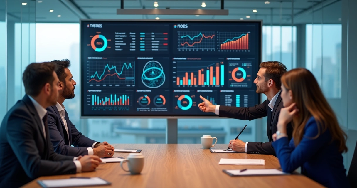 Equipe de negócios reunida olhando para um dashboard financeiro em grande tela 