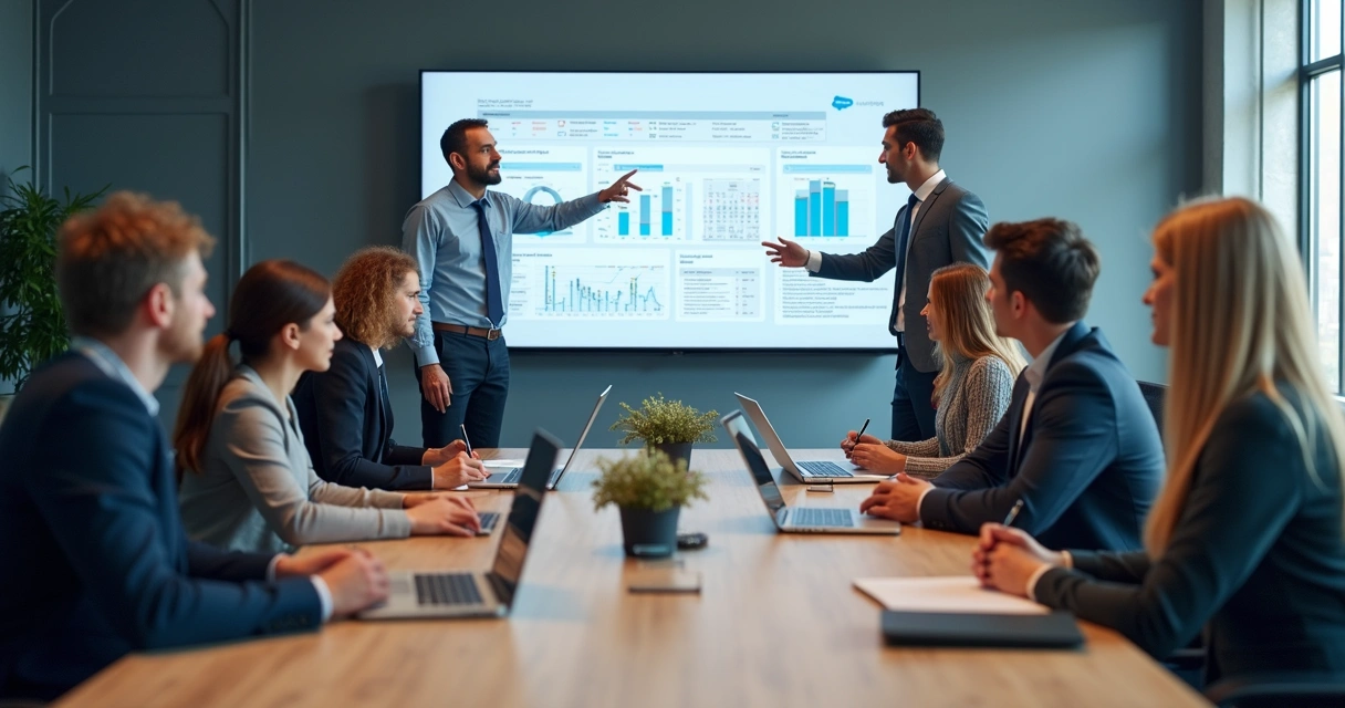 Equipe analisando dashboard Salesforce em uma sala de reunião moderna 