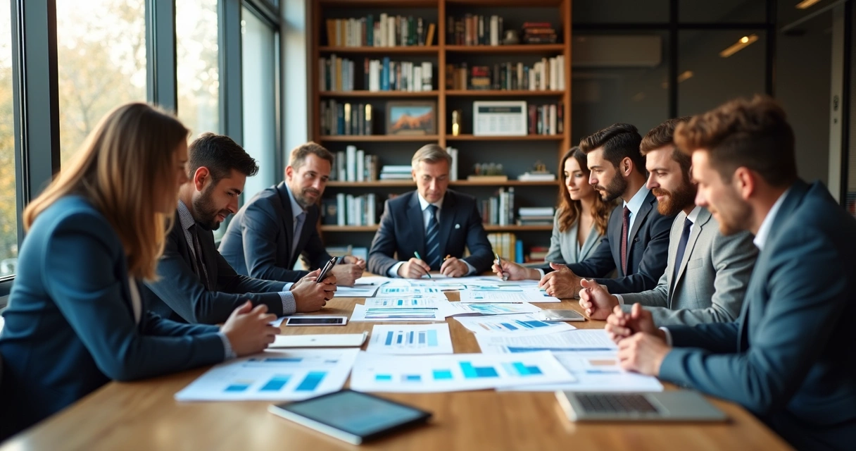 Equipe de profissionais revisando documentos e gráficos em escritório moderno 