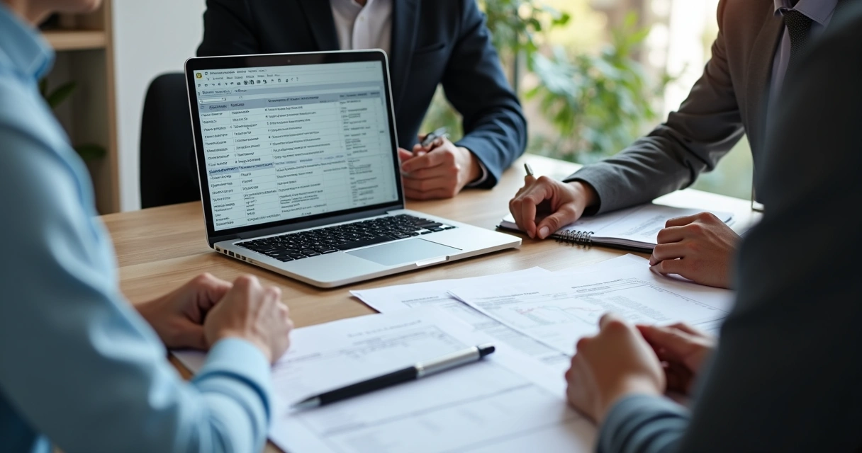 Equipe analisando editais de licitação em notebook com planilha aberta