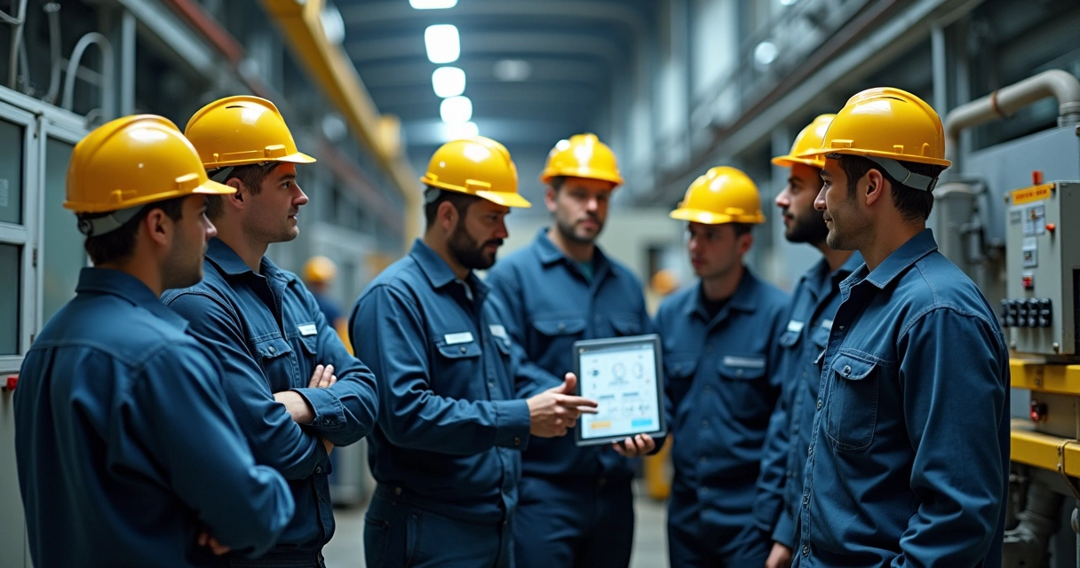 Equipe industrial avaliando instalação de EPC em máquina 