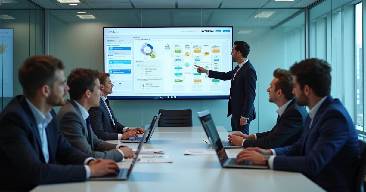 Equipe avaliando fluxos de ERP em reunião 